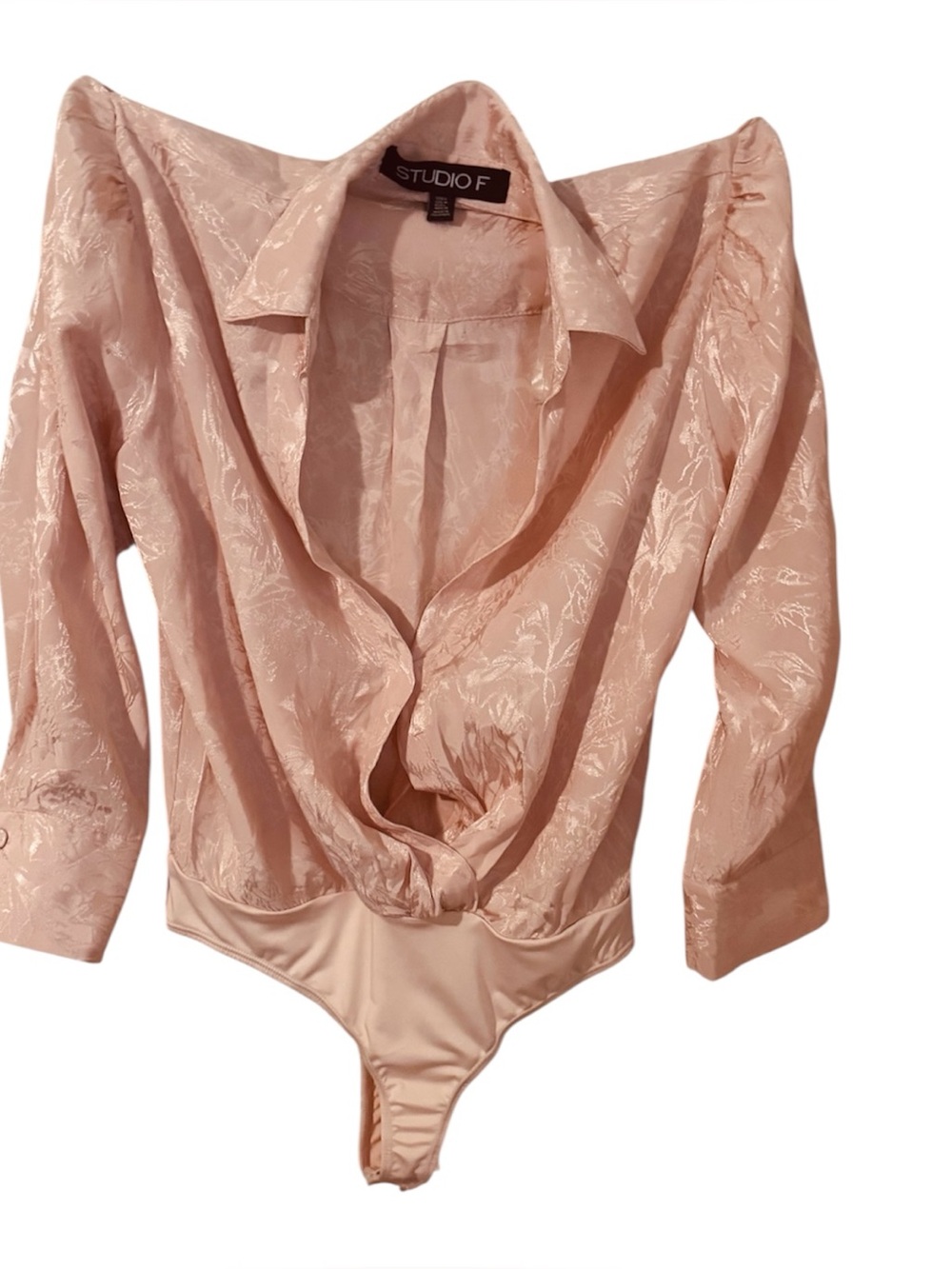 STUDIO F PINK SATIN JACQUARD BODYSUIT DEEP V NECK SHOULDER PAD COLOMBIAN